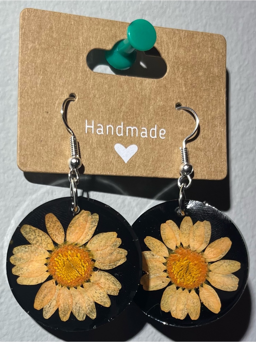 Handmade Daisy Resin Drop Earrings - Yellow on Black